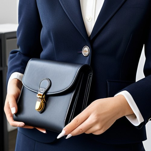 Home 11 A sophisticated professional woman, fully clothed in a modest business suit, gracefully showcasing a classic Dior Saddle Wallet. The wallet is made of smooth, high-quality black leather, featuring its iconic saddle shape, the signature 'D' charm, and visible, ample storage compartments. She holds it naturally, emphasizing its timeless elegance and practicality. The setting is a bright, modern office with soft, ambient lighting.
* **Safety Modifiers**: safe for work, appropriate content, fully clothed, professional dress, modest clothing.
* **Anatomy Modifiers**: perfect anatomy, correct proportions, natural pose, well-formed hands, proper finger count, natural body proportions.
* **Quality Modifiers**: professional photography, high resolution, cinematic detail, elegant aesthetic.