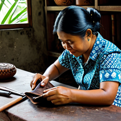 Home 6 **
"A skilled Balinese artisan, fully clothed in traditional batik attire, carefully crafting a leather purse in a workshop filled with tools and finished leather goods, appropriate content, safe for work, perfect anatomy, natural proportions, professional craftsmanship, high quality."
**